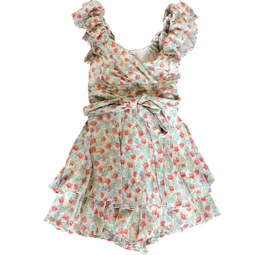 Altar'd State Romper Women XS Floral Ruffle Tie Waist Tiered White Red Blue